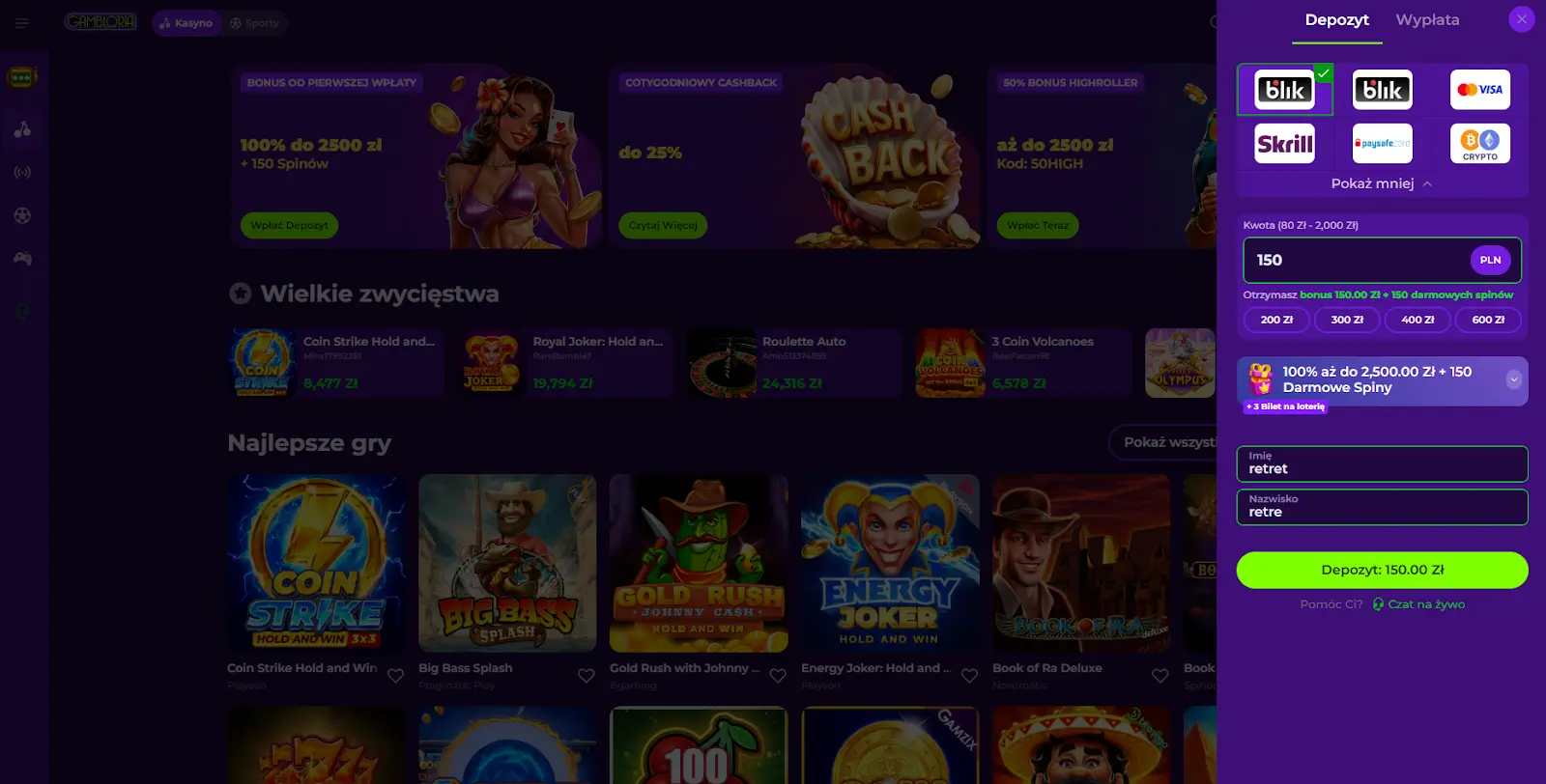 Rejestracja w Gambloria Casino