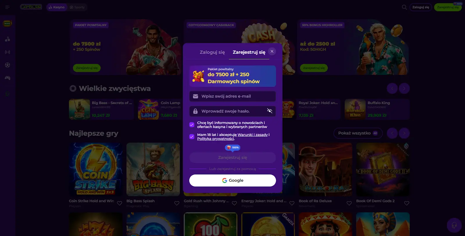 Rejestracja w Gambloria Casino