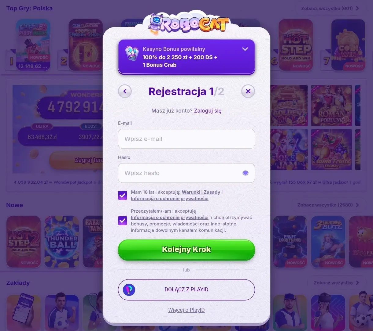 Rejestracja w RoboCat Casino