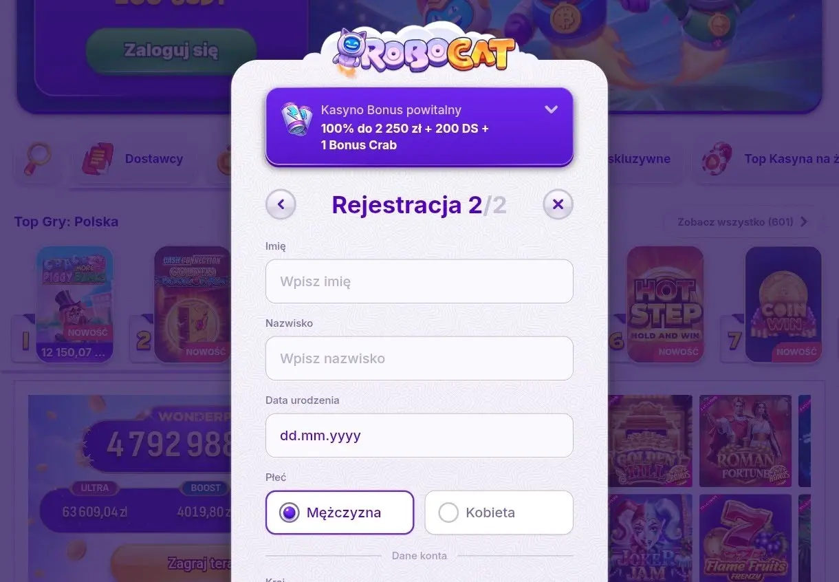 Rejestracja w RoboCat Casino