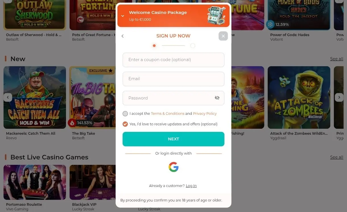 Rejestracja w Spininio casino