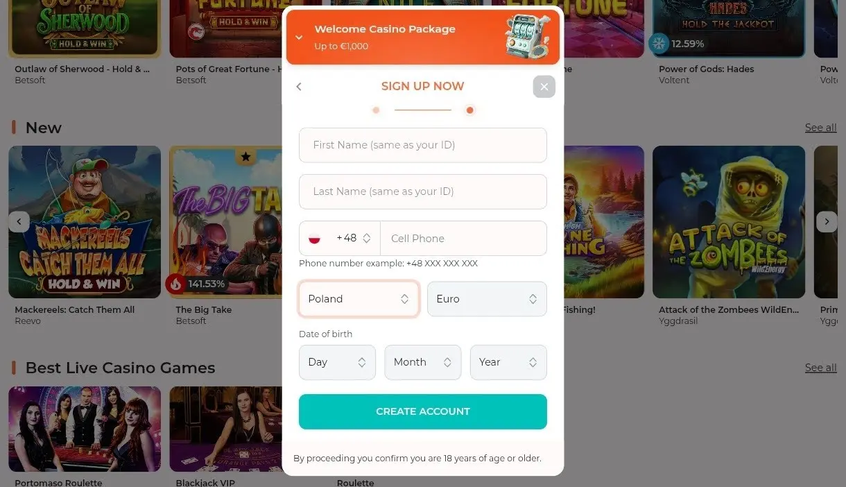 Rejestracja w Spininio casino