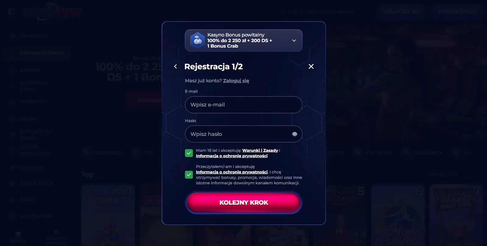 Rejestracja w ViperWin Casino