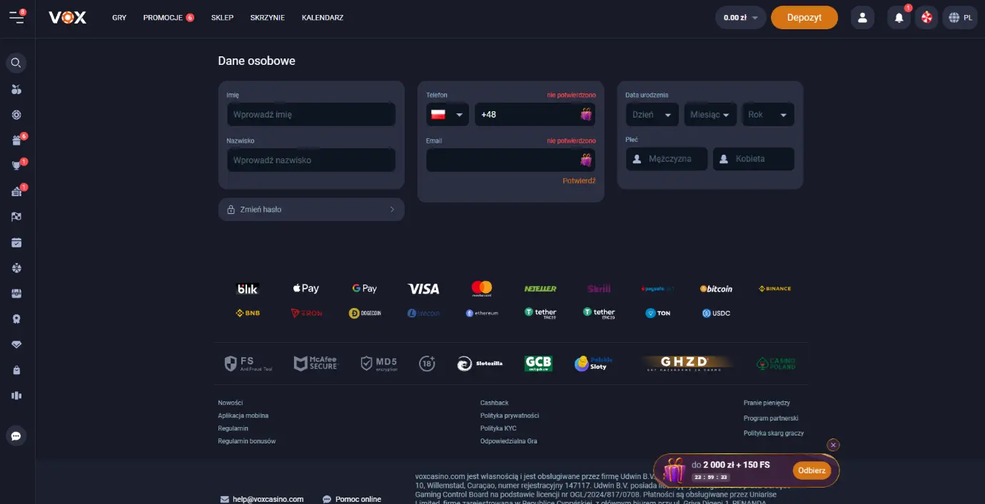 Rejestracja w Vox Casino