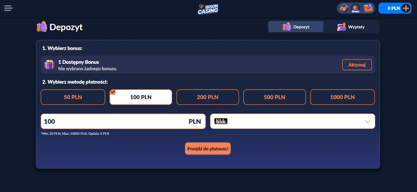 wpłata w Bison Casino za pomocą BLIK krok1