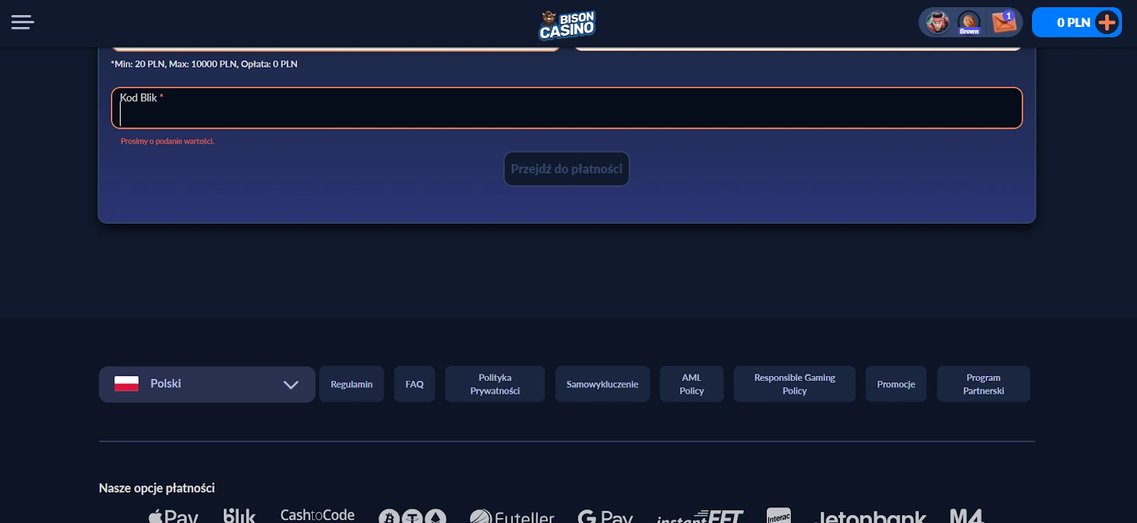 wpłata w Bison Casino za pomocą BLIK krok 2